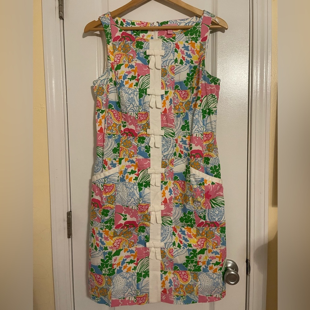 LILLY PULITZER Sz 6 Floral Patchwork Bow Front Sleeveless Cotton Floral Dress